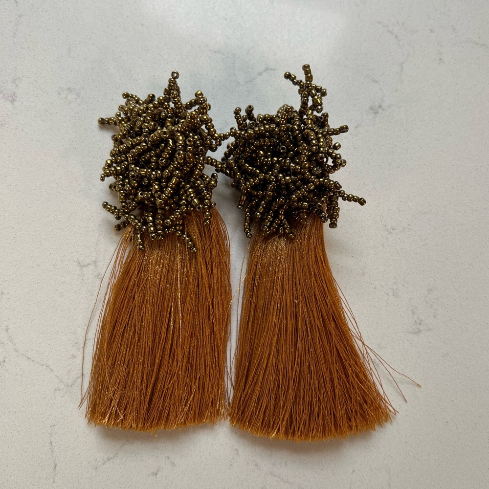 Mustard Beaded Tassel Statement Earrings